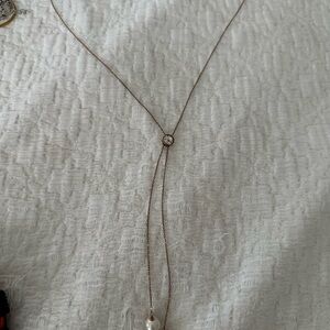 Swarovski rosegold long chain Necklace with Y-shaped crystal Pendant and Pearl